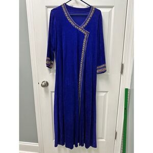 Royal Blue Velvet Kaftan Maxi Dress Gold Embroidered Long Sleeve Gown READ